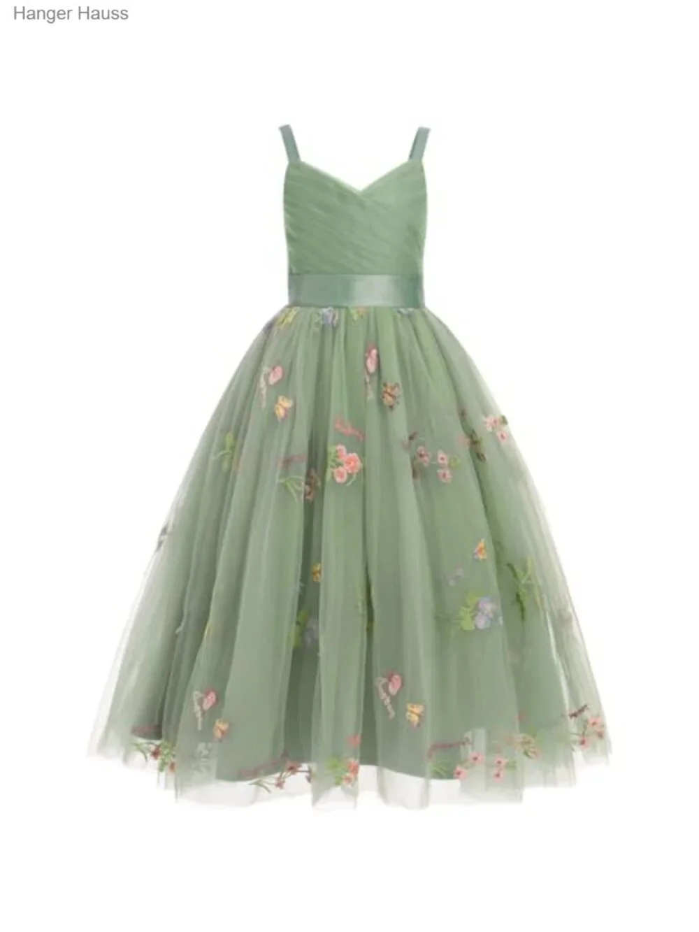 Girls V-Neck Pleated Tulle Flower Girl Dress Maxi Gown Formal